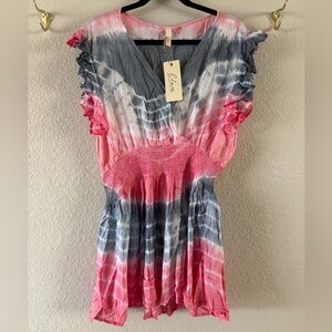 NWT Elan Tie-Dye Super Light Ruffle Flutter Sleeve Mini Dress Cover-Up Size L